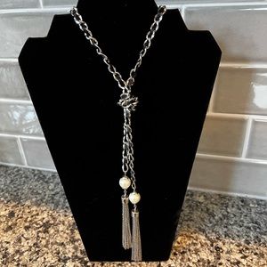 WHBM Genuine Black Leather & Silver Long Tassel Necklace